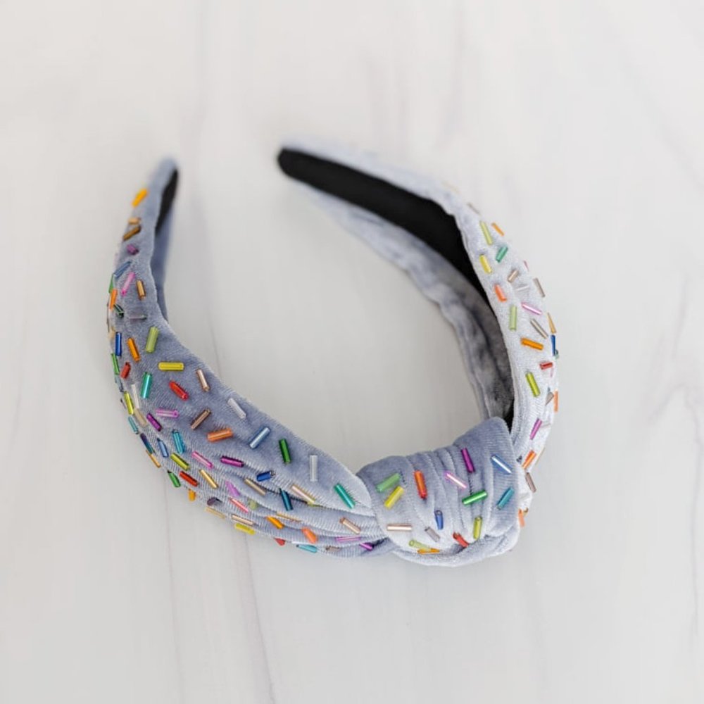 Blue Confetti Beaded Knot Velvet Headband Rainbow Beads Handmade Knotted Turban